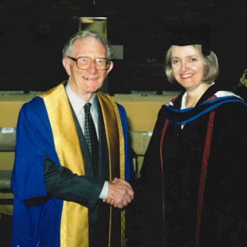 Dr Joe Blackledge with the then Principal Pamela Taylor receiving his Honorary Fellowship in 2000 from Pam Taylor